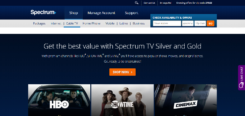 Screenshot from spectrum.com/cable-tv